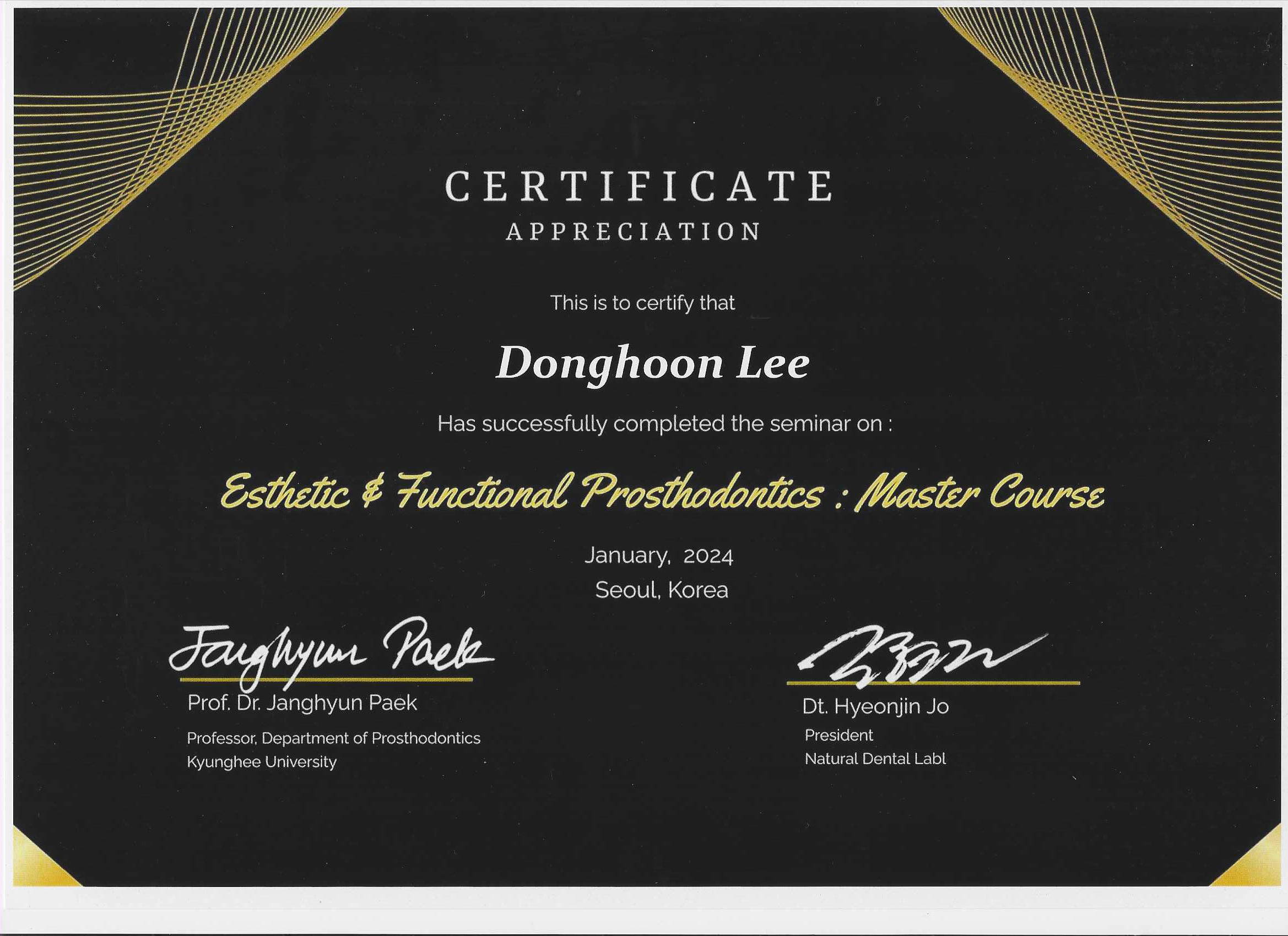 Esthetic & Functional Prosthodontics Master Course 수료증