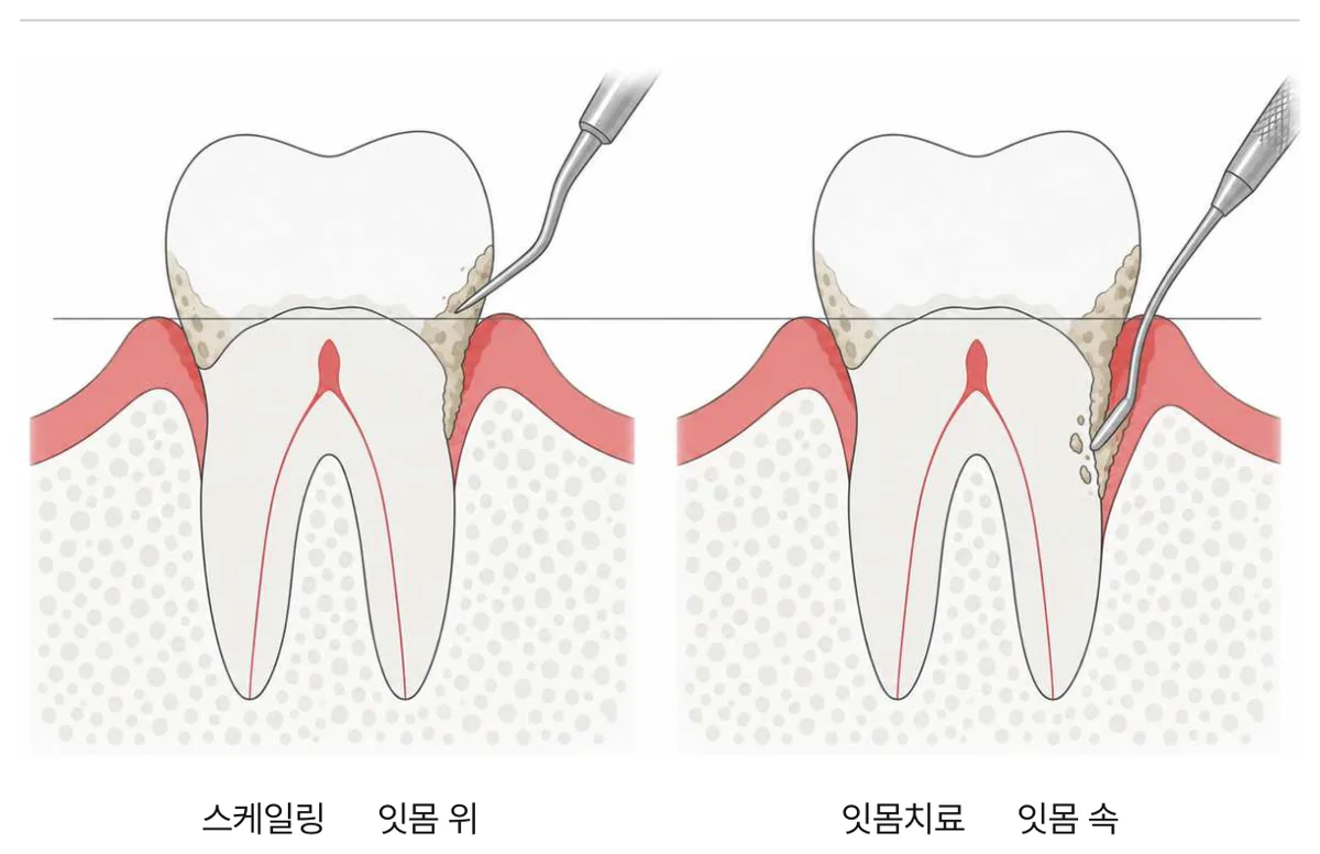그림 4. 스케일링이 닿는 깊이, 잇몸치료가 닿는 깊이