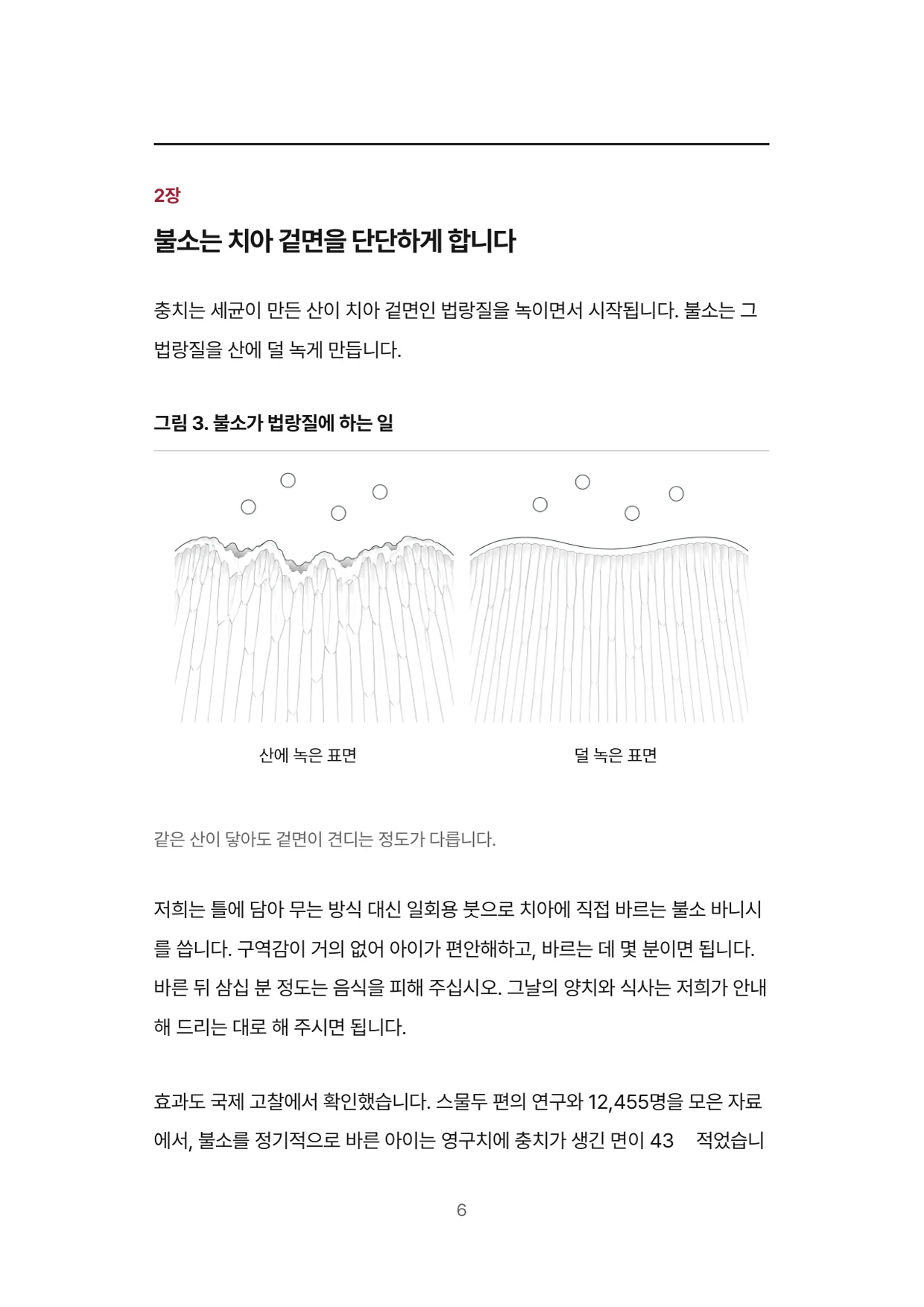 6면 2장 불소는 치아 겉면을 단단하게 합니다, 불소가 법랑질에 하는 일